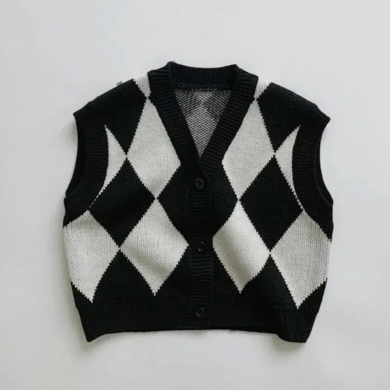 1-6Y Kids Knit Sweater Vest Baby Autumn Diamond Cardigan Infant Sleeveless Knitting Waistcoats Baby Knitwear Spring Top Clothes