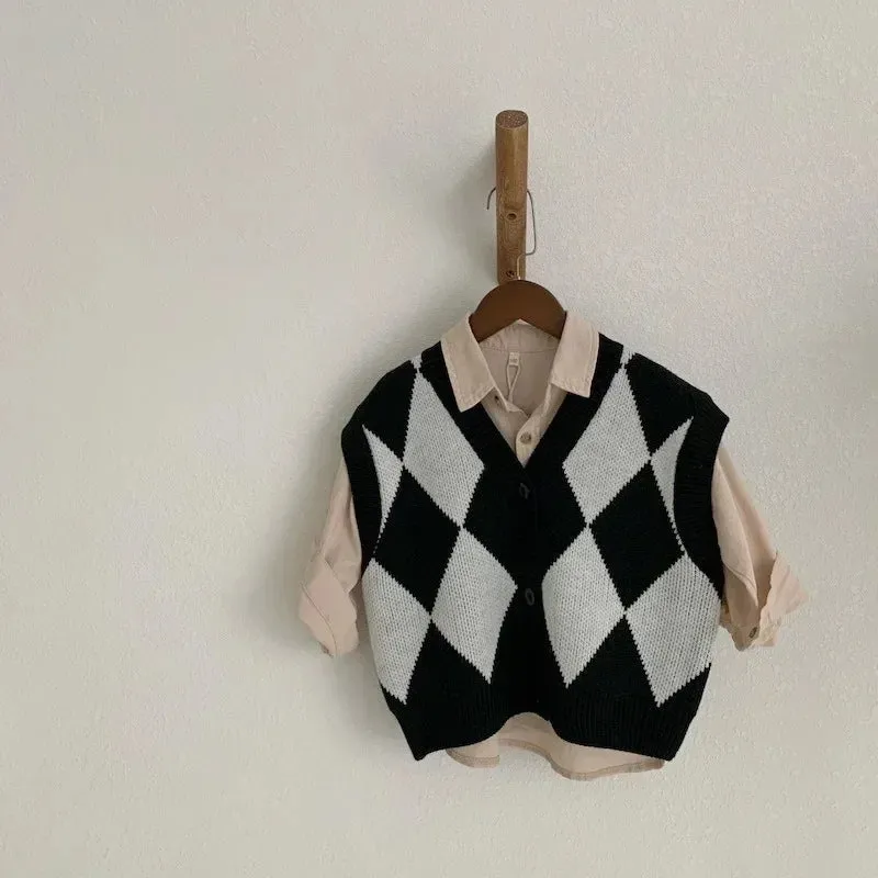 1-6Y Kids Knit Sweater Vest Baby Autumn Diamond Cardigan Infant Sleeveless Knitting Waistcoats Baby Knitwear Spring Top Clothes