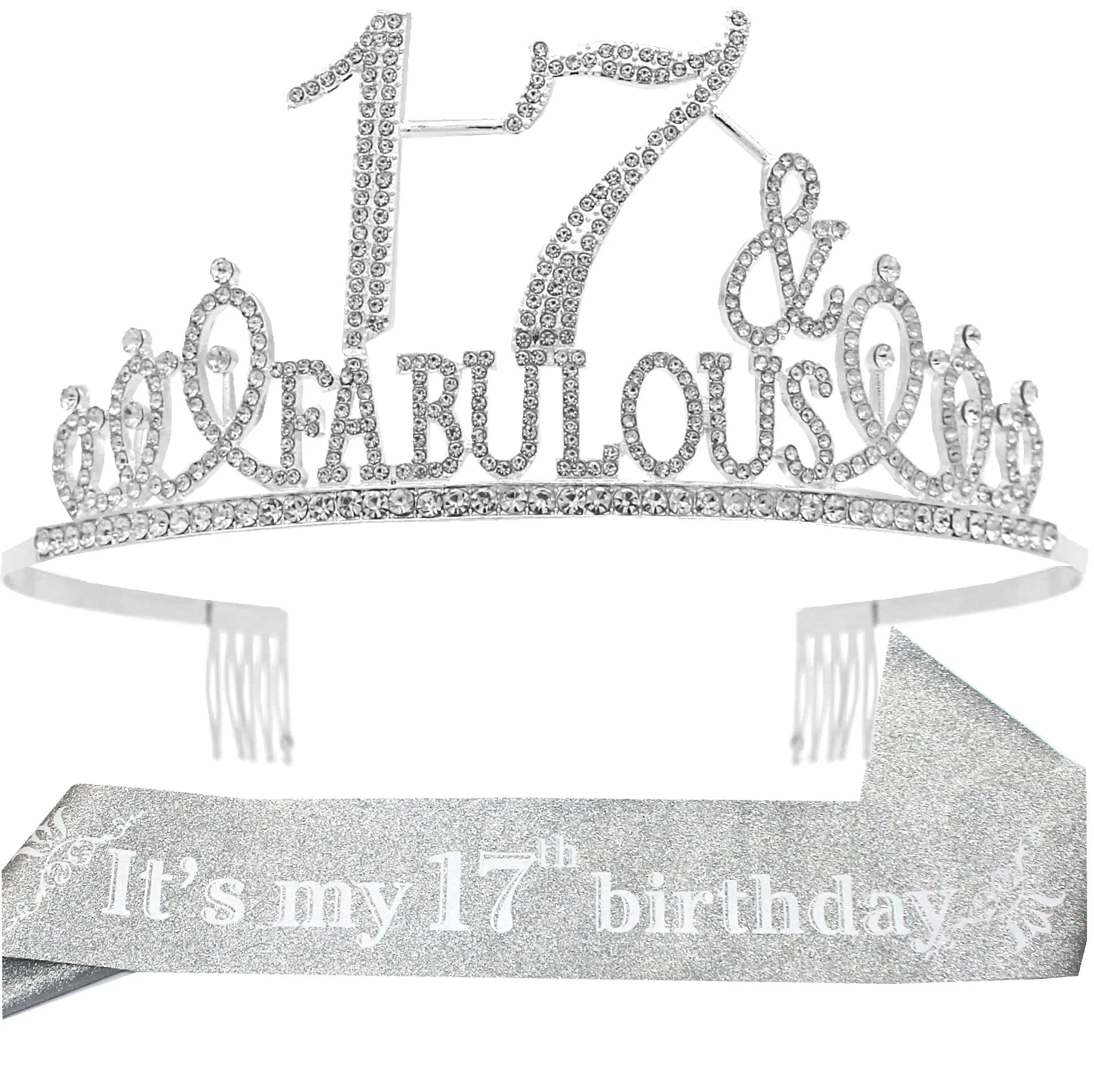 17th Birthday Gifts for Girls,17th Birthday Tiara and Sash Silver,17th Birthday