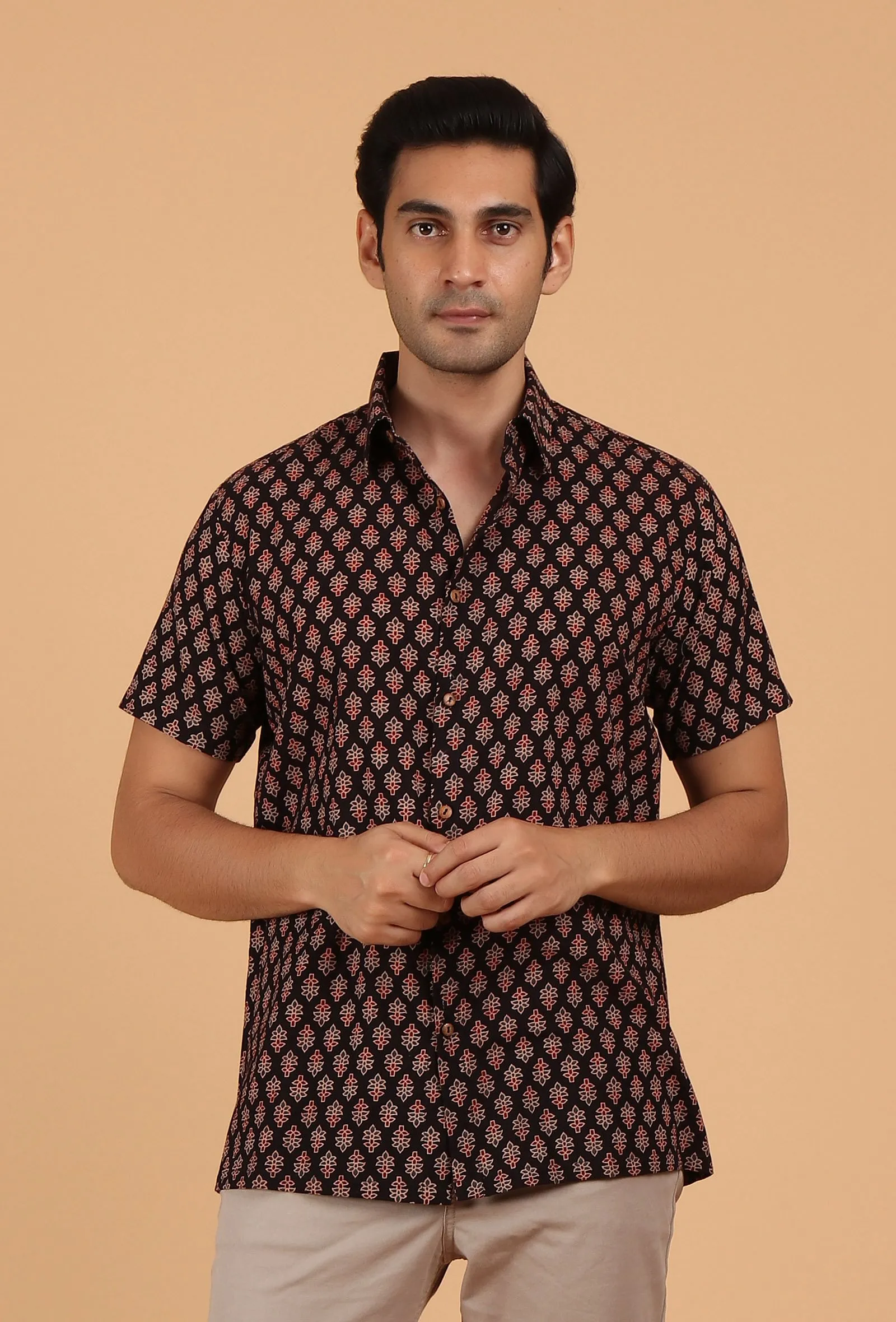 Black Ajrakh Handcrafted Half Sleeves Cotton Shirt