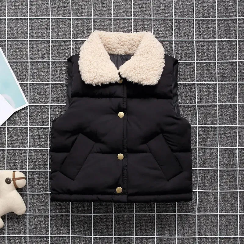 Boys Girls Fur Collar Cotton Vest Children's  Autumn Winter Thicken Warm Vest All-match Outer Wear Fashion Lapel Vest