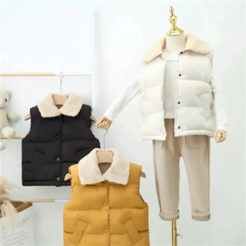 Boys Girls Fur Collar Cotton Vest Children's  Autumn Winter Thicken Warm Vest All-match Outer Wear Fashion Lapel Vest