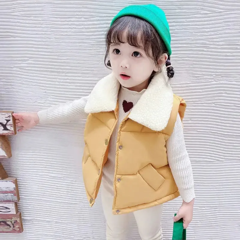 Boys Girls Fur Collar Cotton Vest Children's  Autumn Winter Thicken Warm Vest All-match Outer Wear Fashion Lapel Vest