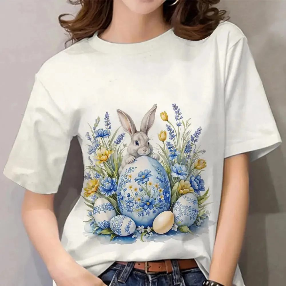 Cartoon Animal Print Cute Rabbit Pattern Vintage Tee Loose Short Sleeves Women's T-shirts Tops Casual Women Clothing Streetwear