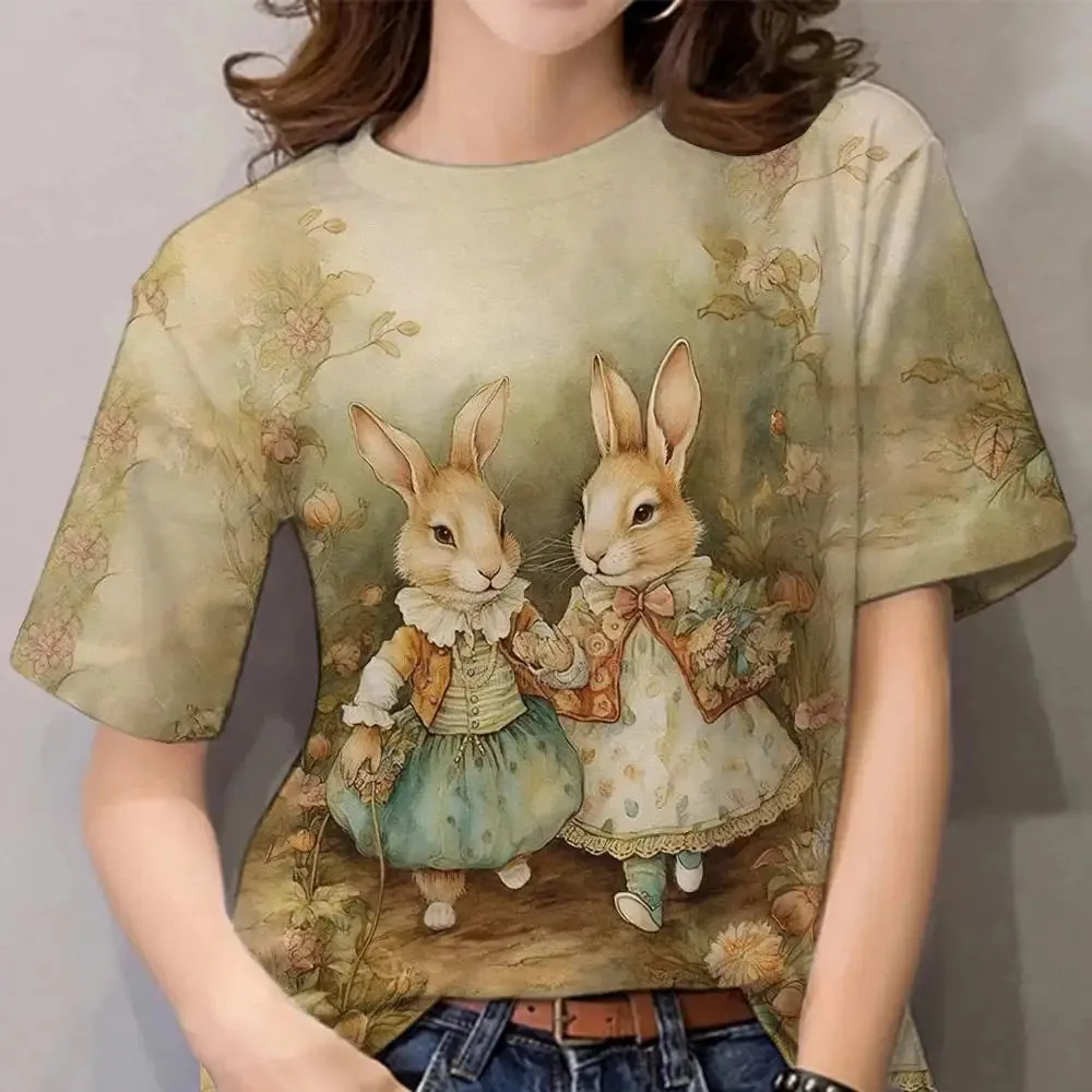 Cartoon Animal Print Cute Rabbit Pattern Vintage Tee Loose Short Sleeves Women's T-shirts Tops Casual Women Clothing Streetwear