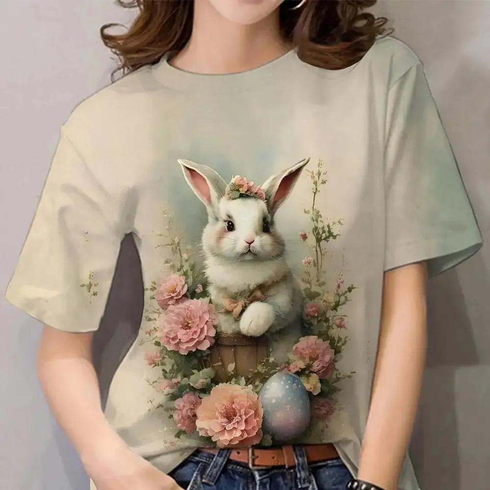 Cartoon Animal Print Cute Rabbit Pattern Vintage Tee Loose Short Sleeves Women's T-shirts Tops Casual Women Clothing Streetwear