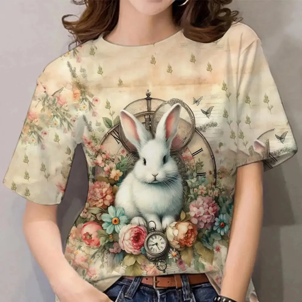 Cartoon Animal Print Cute Rabbit Pattern Vintage Tee Loose Short Sleeves Women's T-shirts Tops Casual Women Clothing Streetwear