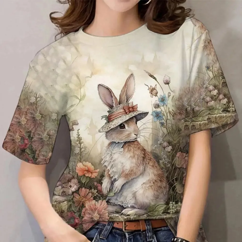 Cartoon Animal Print Cute Rabbit Pattern Vintage Tee Loose Short Sleeves Women's T-shirts Tops Casual Women Clothing Streetwear