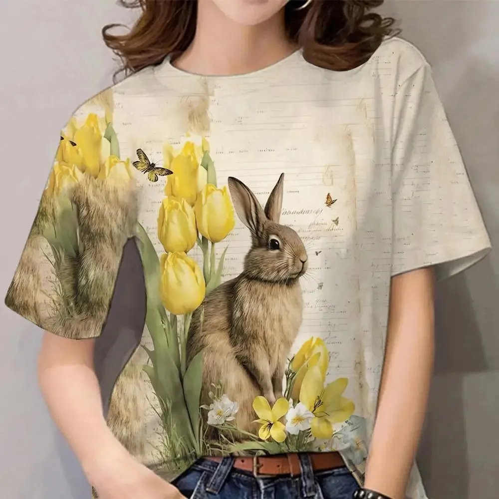 Cartoon Animal Print Cute Rabbit Pattern Vintage Tee Loose Short Sleeves Women's T-shirts Tops Casual Women Clothing Streetwear