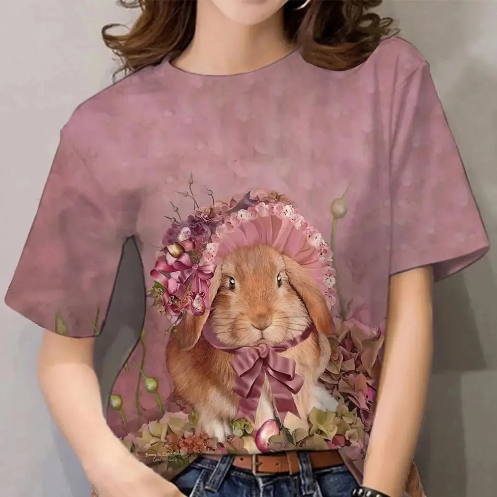 Cartoon Animal Print Cute Rabbit Pattern Vintage Tee Loose Short Sleeves Women's T-shirts Tops Casual Women Clothing Streetwear