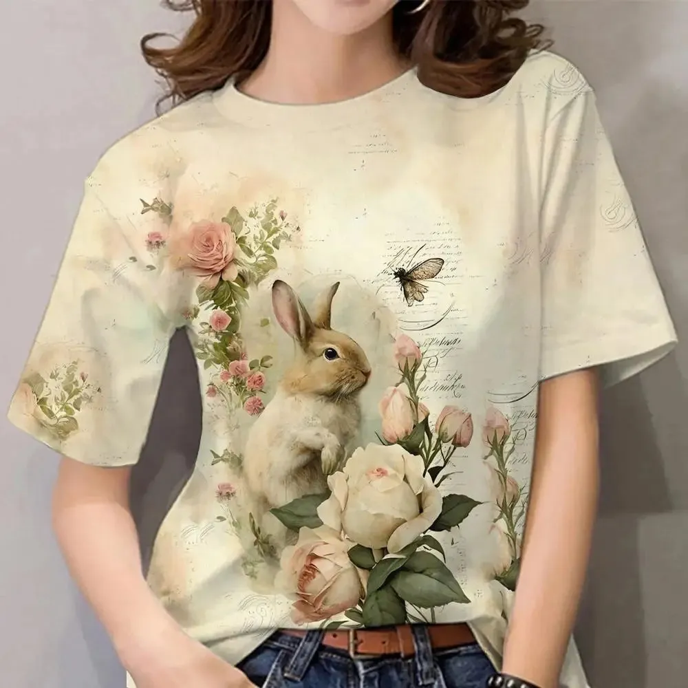 Cartoon Animal Print Cute Rabbit Pattern Vintage Tee Loose Short Sleeves Women's T-shirts Tops Casual Women Clothing Streetwear