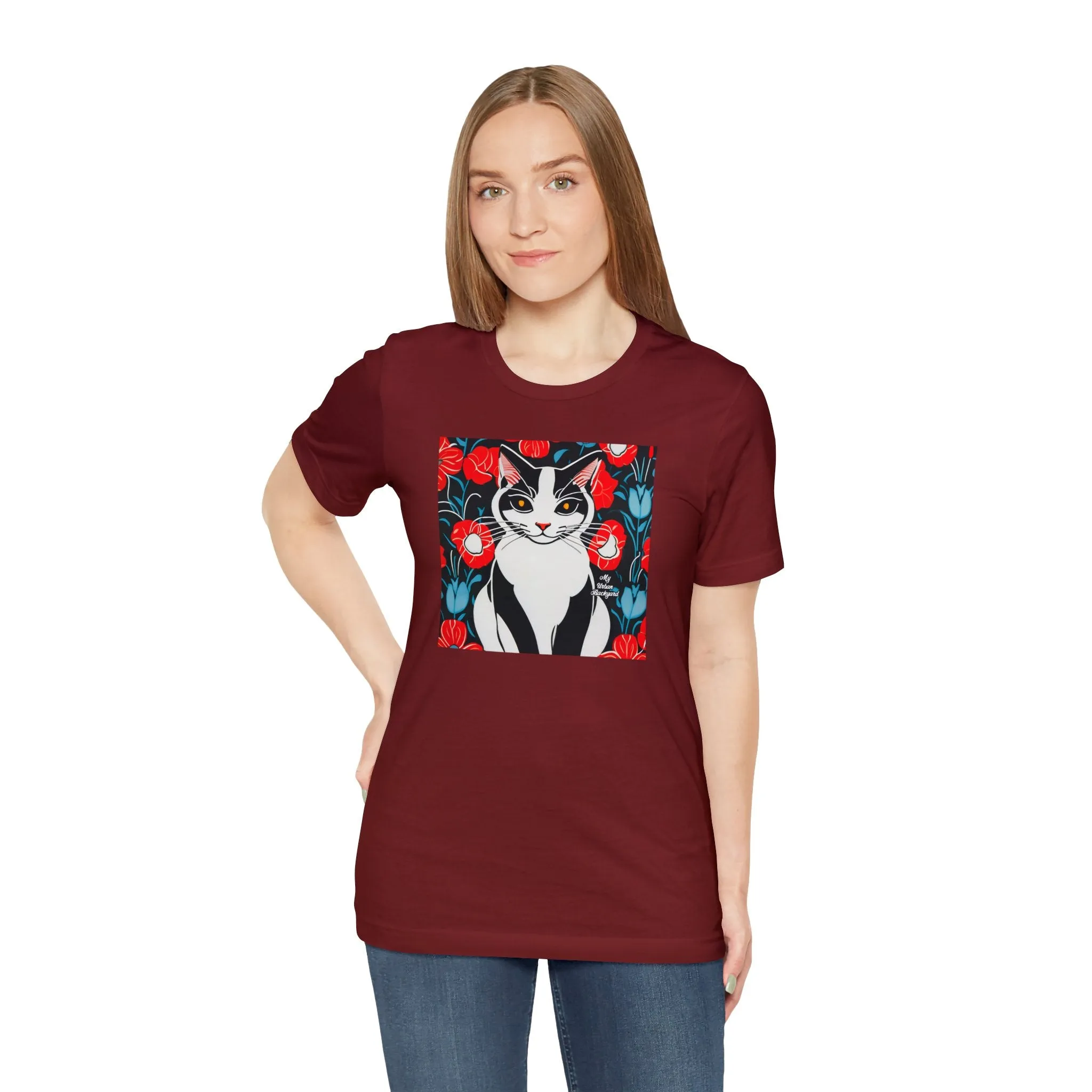 Cat with Red Flowers, Soft 100% Jersey Cotton T-Shirt, Unisex, Short Sleeve, Retail Fit