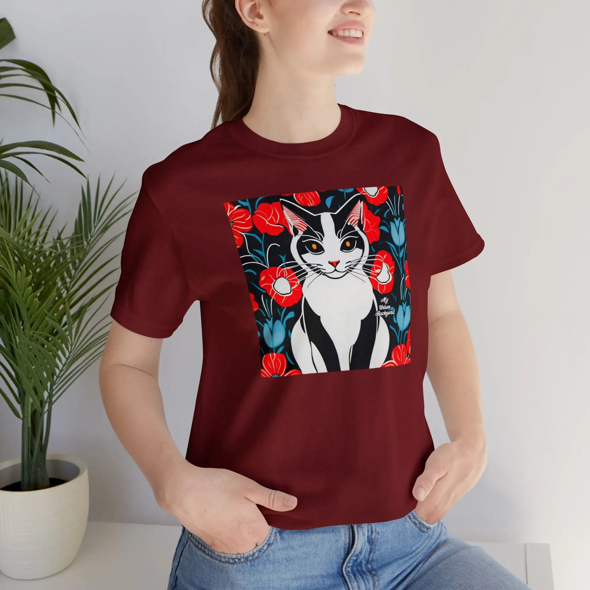 Cat with Red Flowers, Soft 100% Jersey Cotton T-Shirt, Unisex, Short Sleeve, Retail Fit