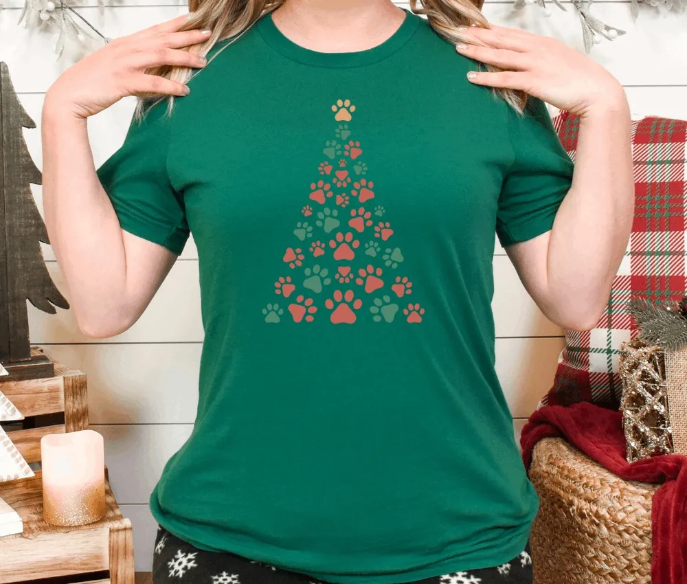 Christmas Tree with Dog Paws Unisex Bella Canvas 3001 T-Shirt