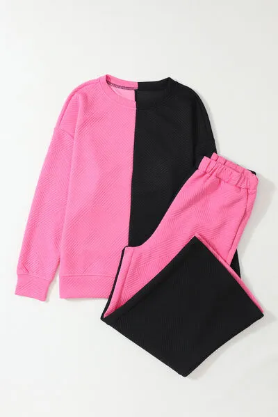 Color Block Round Neck Sweatshirt and Pants Set