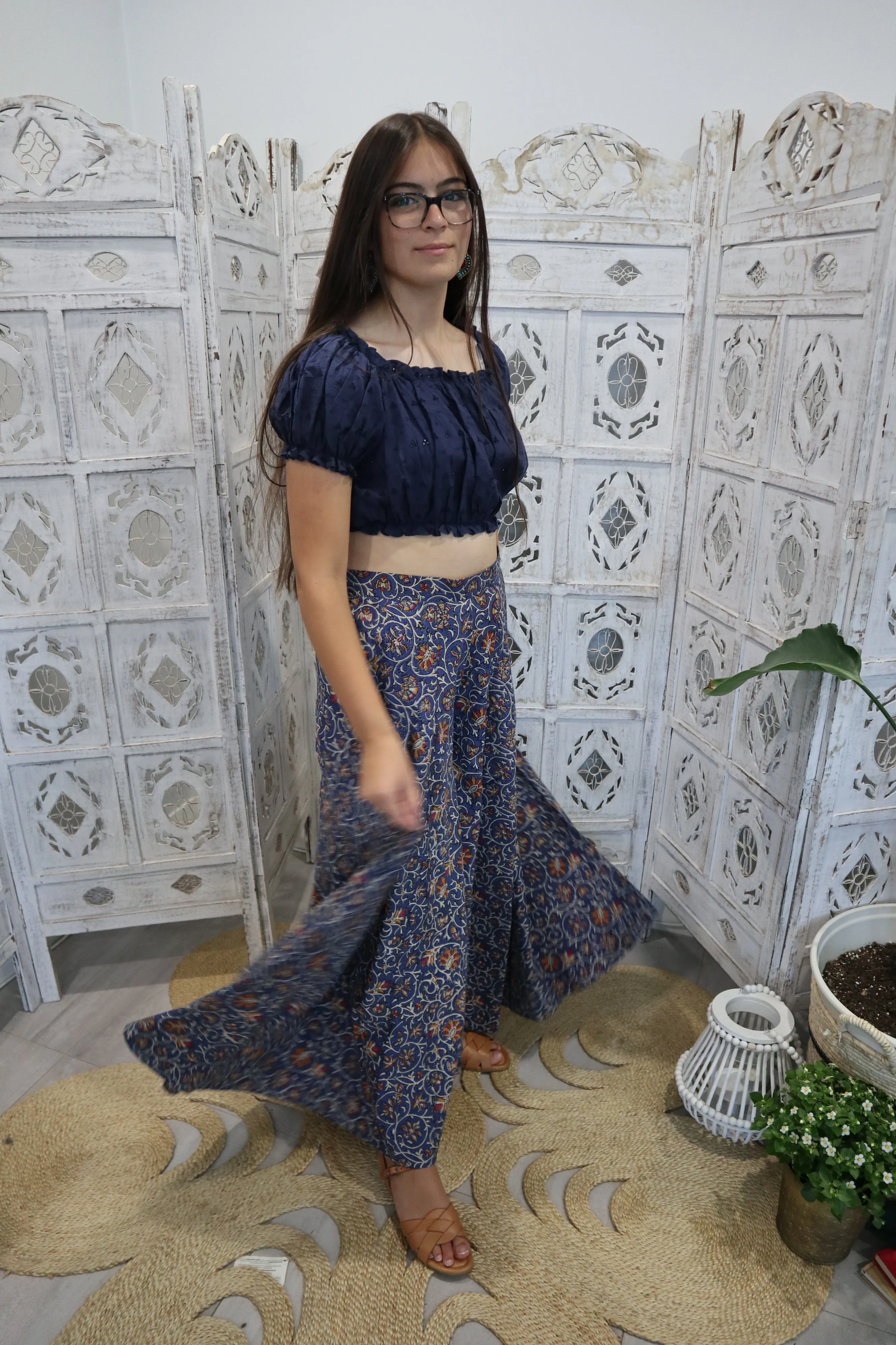 Fair Trade Karli Pants Blue Floral Design