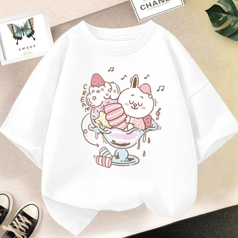 Girls Cute Strawberry Milk Shake Cartoon T-shirt Kids Short-Sleeve Graphic Pink Tops Tee