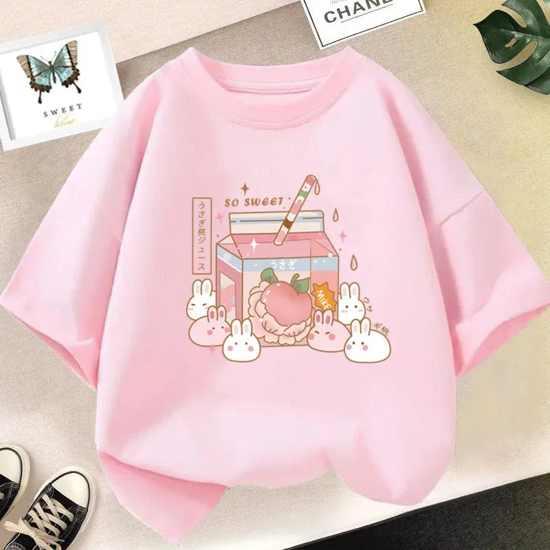 Girls Cute Strawberry Milk Shake Cartoon T-shirt Kids Short-Sleeve Graphic Pink Tops Tee