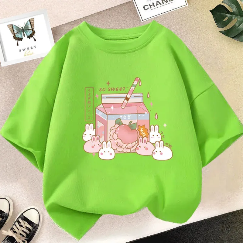 Girls Cute Strawberry Milk Shake Cartoon T-shirt Kids Short-Sleeve Graphic Pink Tops Tee