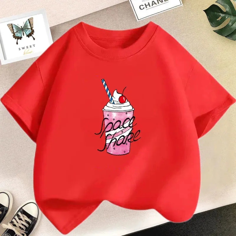 Girls Cute Strawberry Milk Shake Cartoon T-shirt Kids Short-Sleeve Graphic Pink Tops Tee