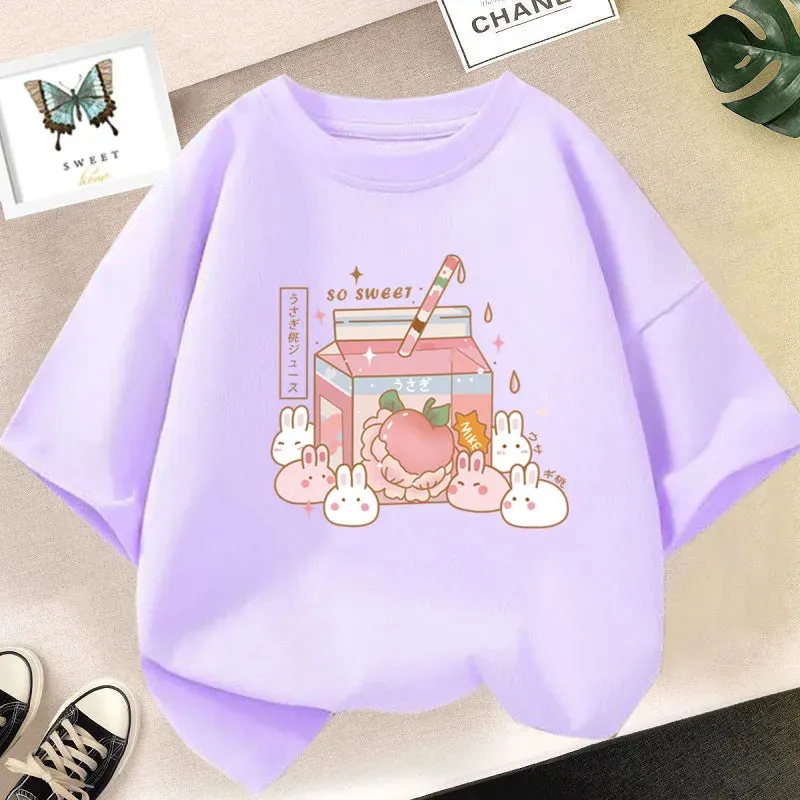 Girls Cute Strawberry Milk Shake Cartoon T-shirt Kids Short-Sleeve Graphic Pink Tops Tee