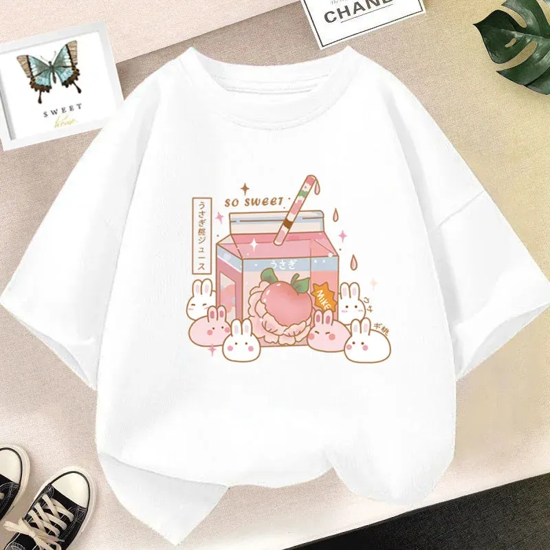 Girls Cute Strawberry Milk Shake Cartoon T-shirt Kids Short-Sleeve Graphic Pink Tops Tee