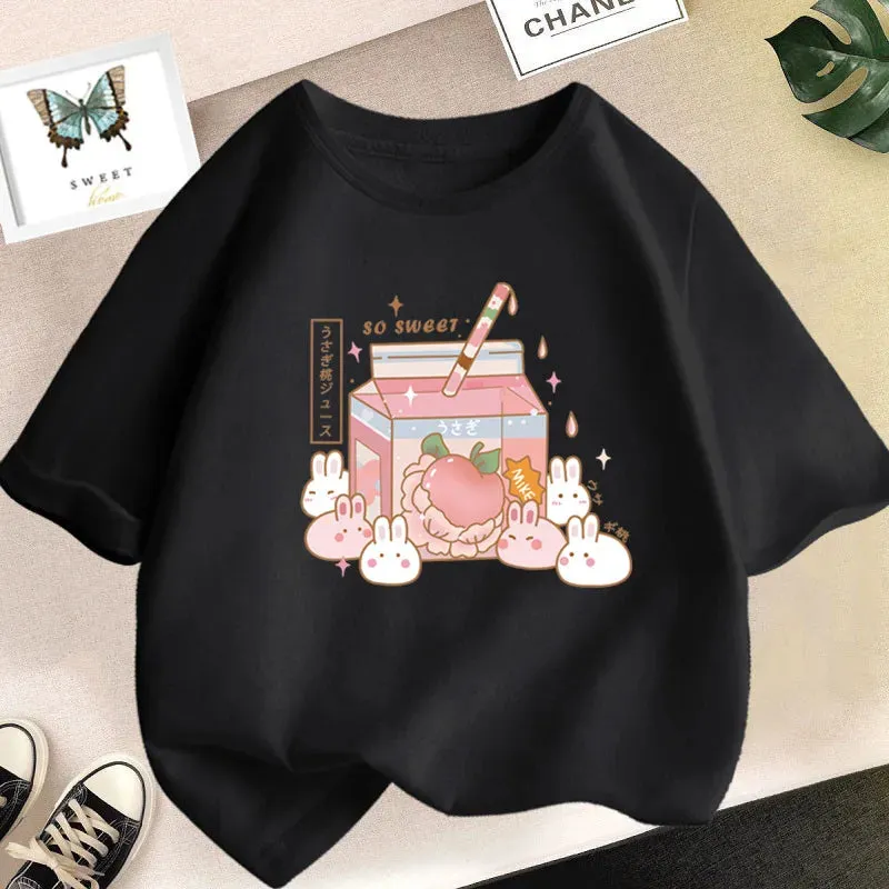 Girls Cute Strawberry Milk Shake Cartoon T-shirt Kids Short-Sleeve Graphic Pink Tops Tee