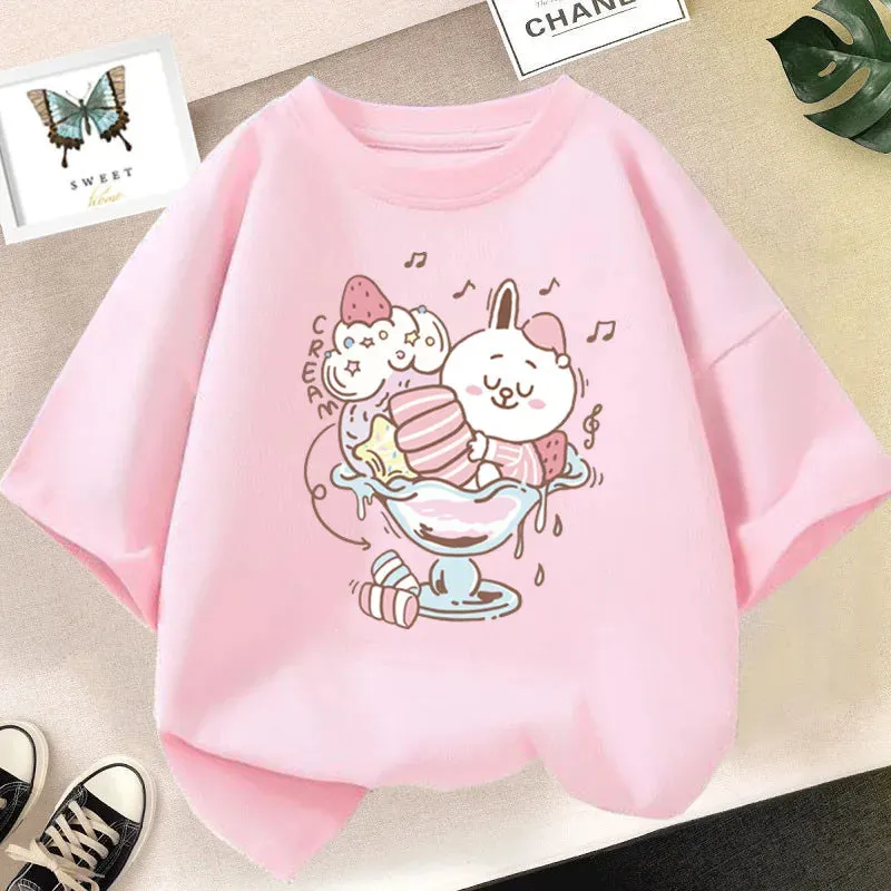 Girls Cute Strawberry Milk Shake Cartoon T-shirt Kids Short-Sleeve Graphic Pink Tops Tee