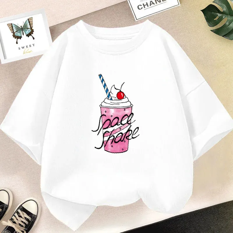 Girls Cute Strawberry Milk Shake Cartoon T-shirt Kids Short-Sleeve Graphic Pink Tops Tee