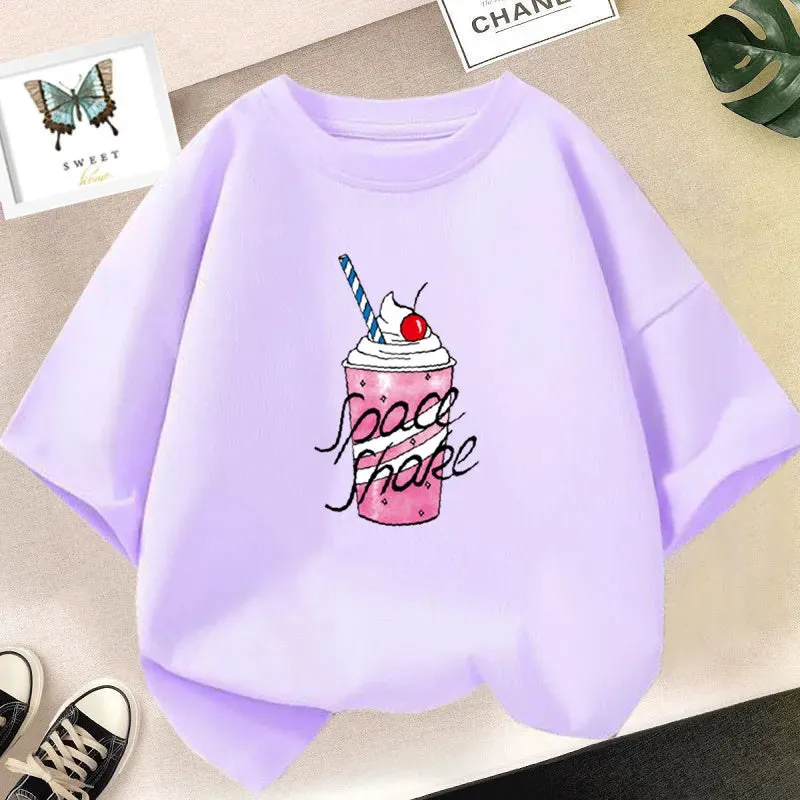 Girls Cute Strawberry Milk Shake Cartoon T-shirt Kids Short-Sleeve Graphic Pink Tops Tee