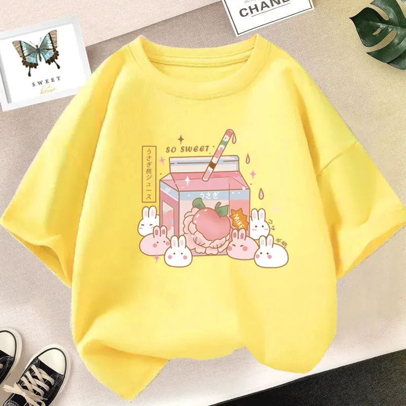 Girls Cute Strawberry Milk Shake Cartoon T-shirt Kids Short-Sleeve Graphic Pink Tops Tee