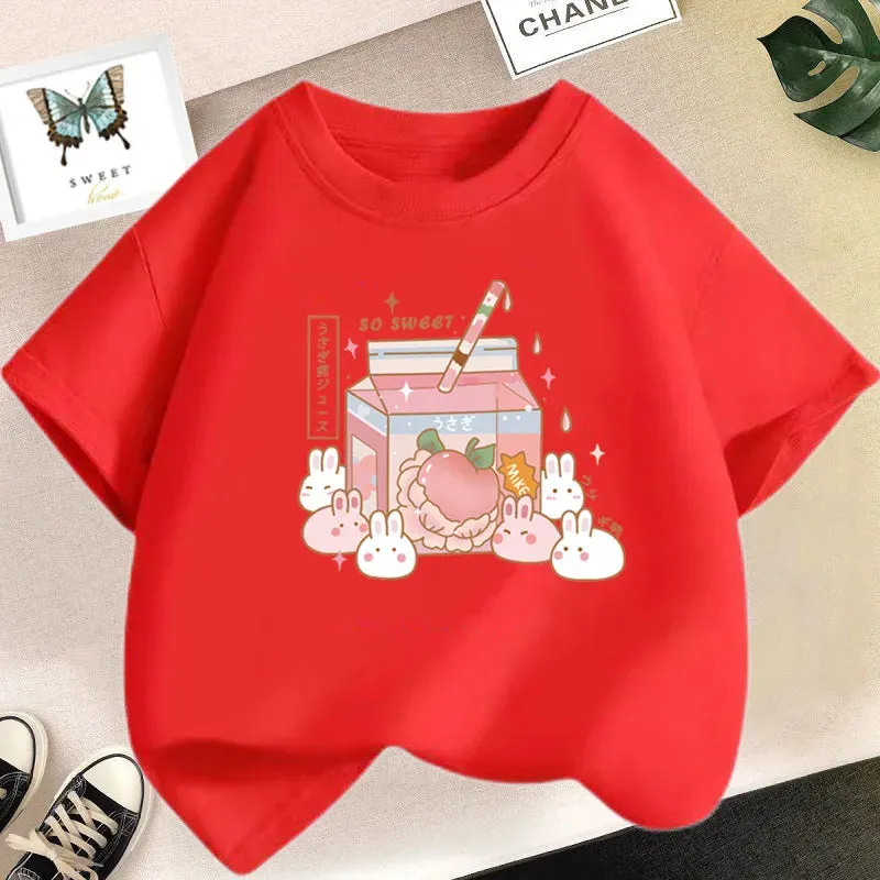 Girls Cute Strawberry Milk Shake Cartoon T-shirt Kids Short-Sleeve Graphic Pink Tops Tee