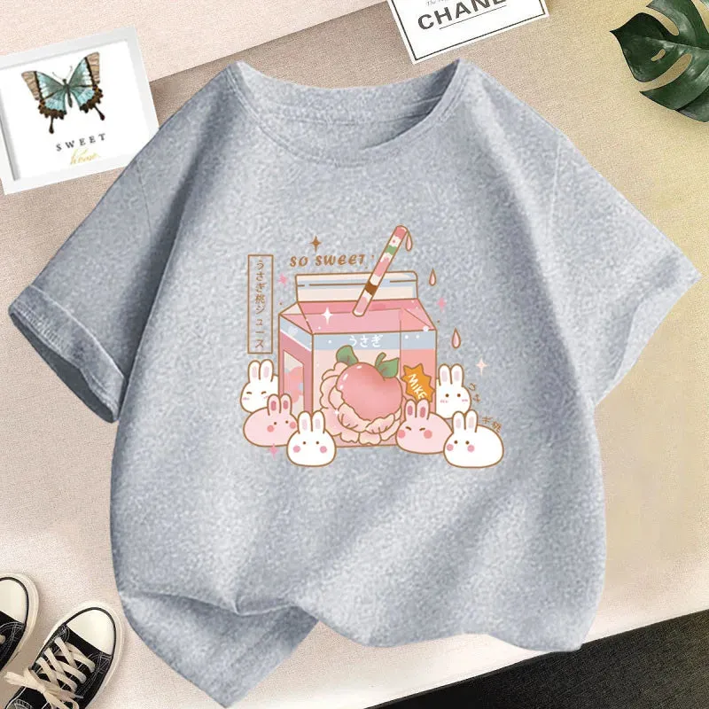 Girls Cute Strawberry Milk Shake Cartoon T-shirt Kids Short-Sleeve Graphic Pink Tops Tee