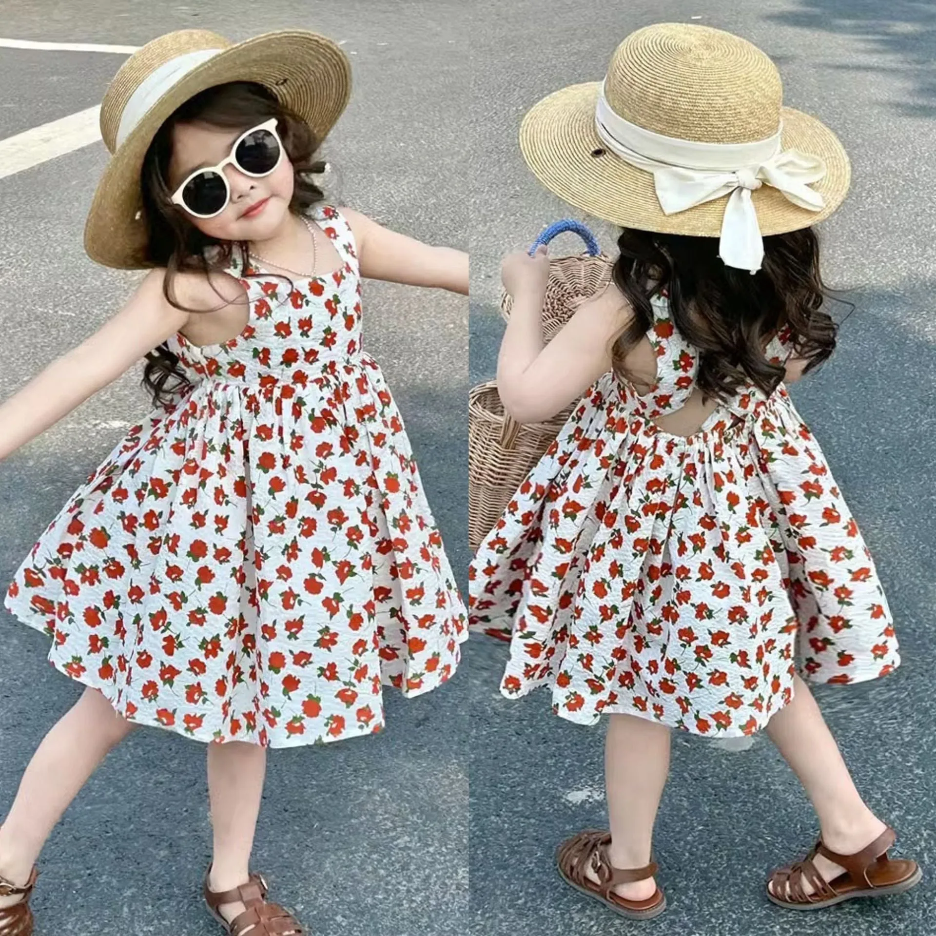 Girl's Strap Skirt Summer New Sweet Floral Cross Tank Top Beach Princess Dress Children One Piece Dropshipping