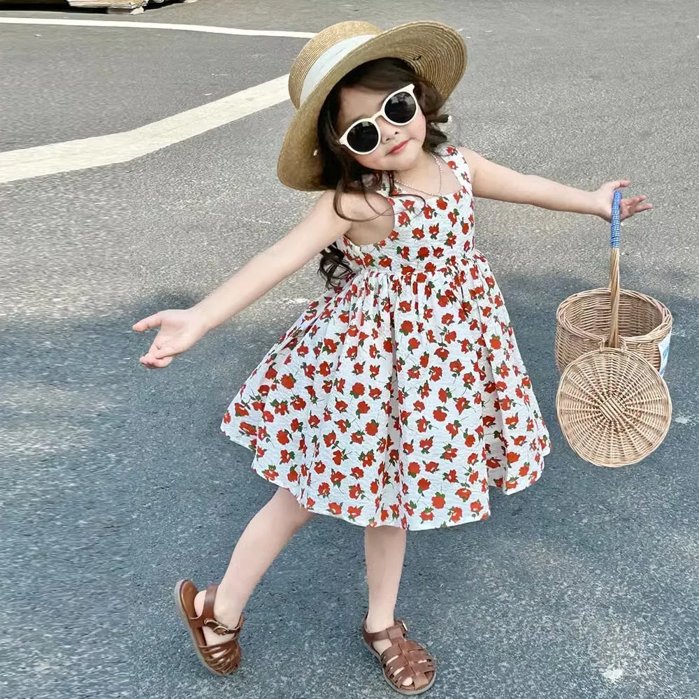 Girl's Strap Skirt Summer New Sweet Floral Cross Tank Top Beach Princess Dress Children One Piece Dropshipping