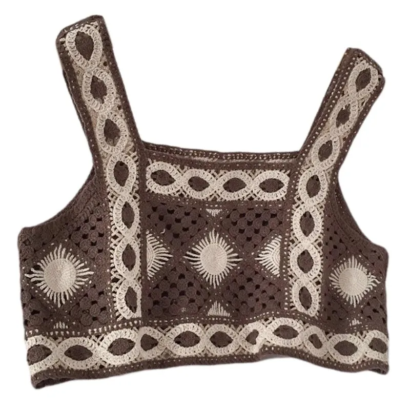 L5YC Women Summer Bohemian Knitted Crop Tank Top Hollow Out Crochet Geometric Pattern Camisole Vintage Sleeveless Beach Vest