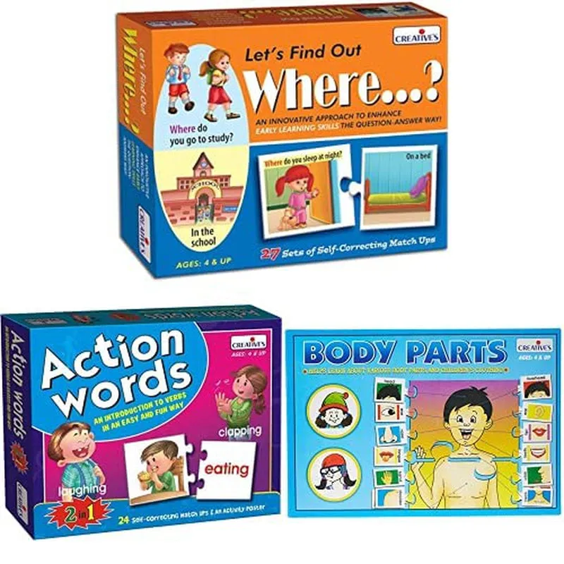 Let's Find Out Where Puzzle,  Action Words Puzzle and Body Parts Puzzle (Set of 3)