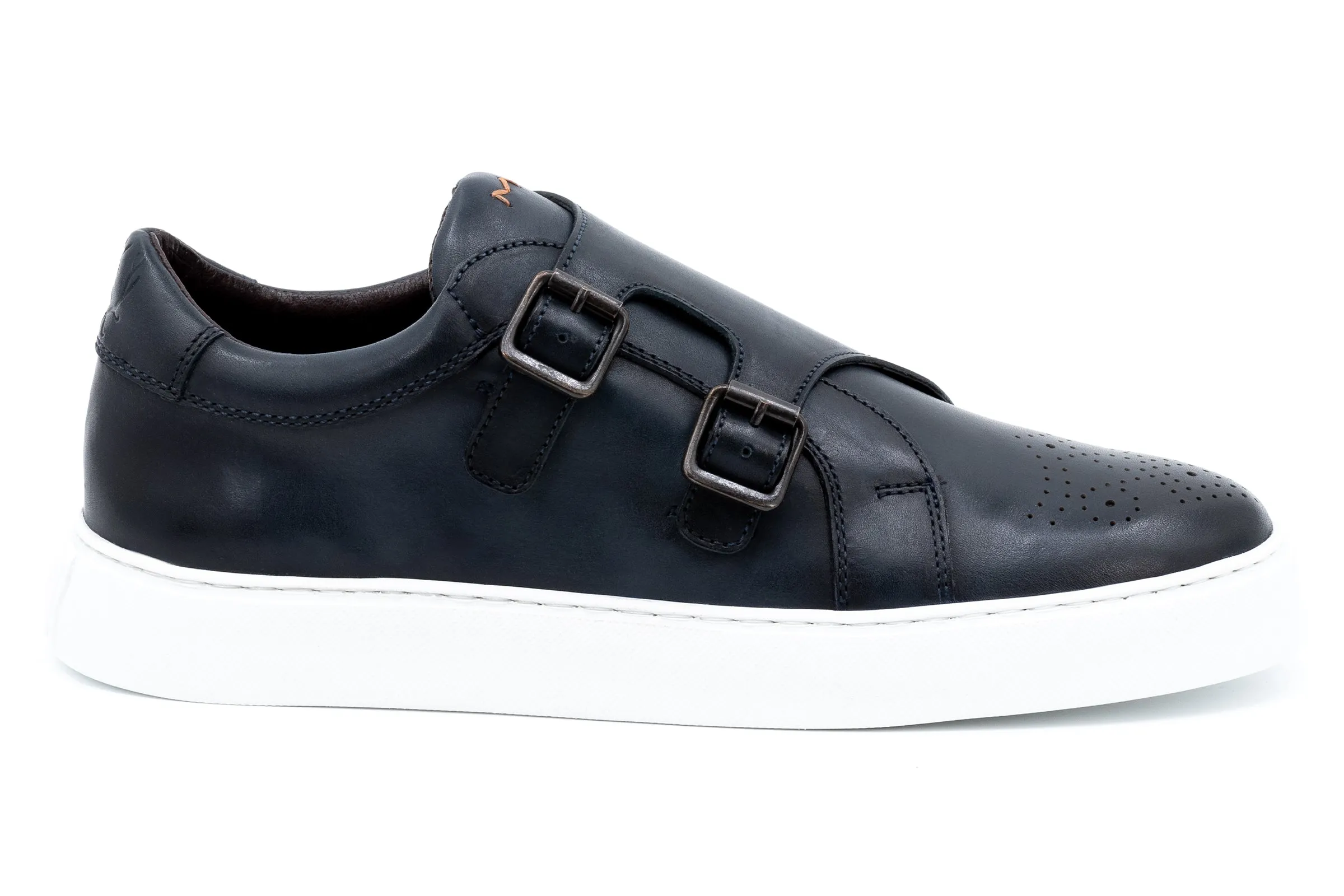 Lorenzo Calf Skin Double Monk Sneakers - Navy