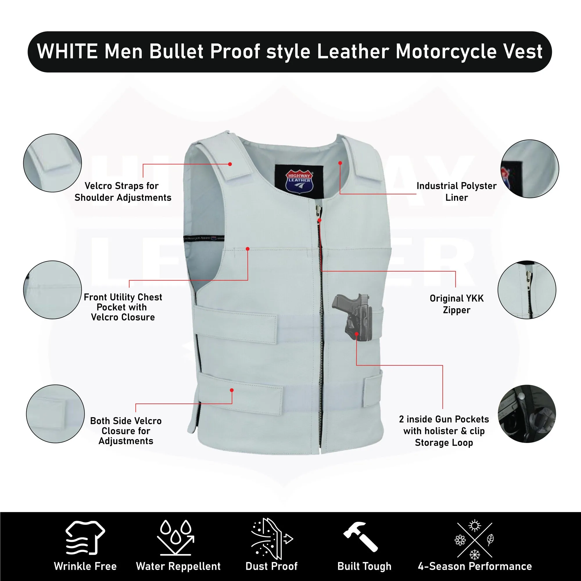 Men White Bullet Proof Style Leather Vest For Bikers Club HL11643White