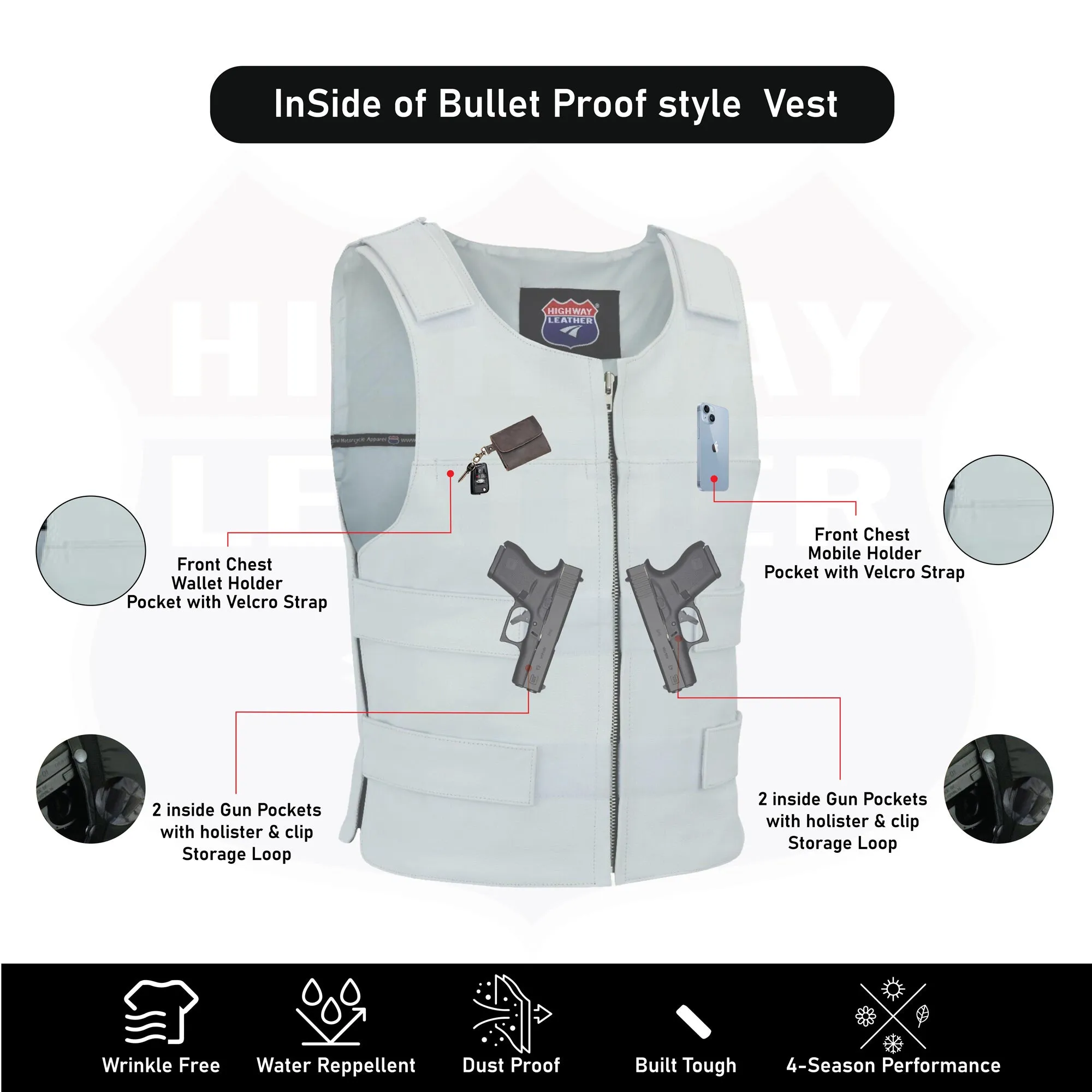 Men White Bullet Proof Style Leather Vest For Bikers Club HL11643White