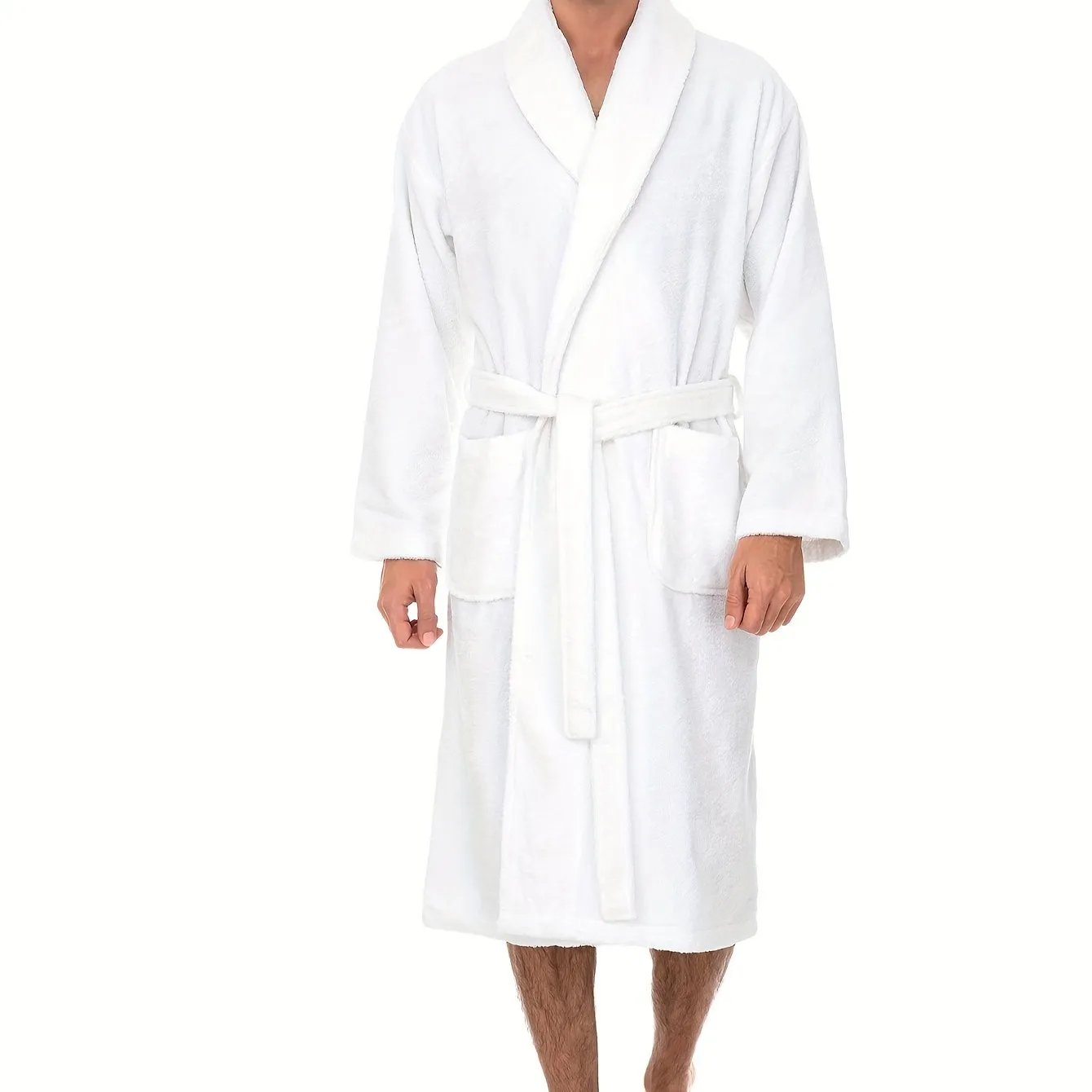 Men's Plush Flannel V-Neck Robe - All-Season Comfort, Stretch Fit, Solid Color, Sizes S-XXL