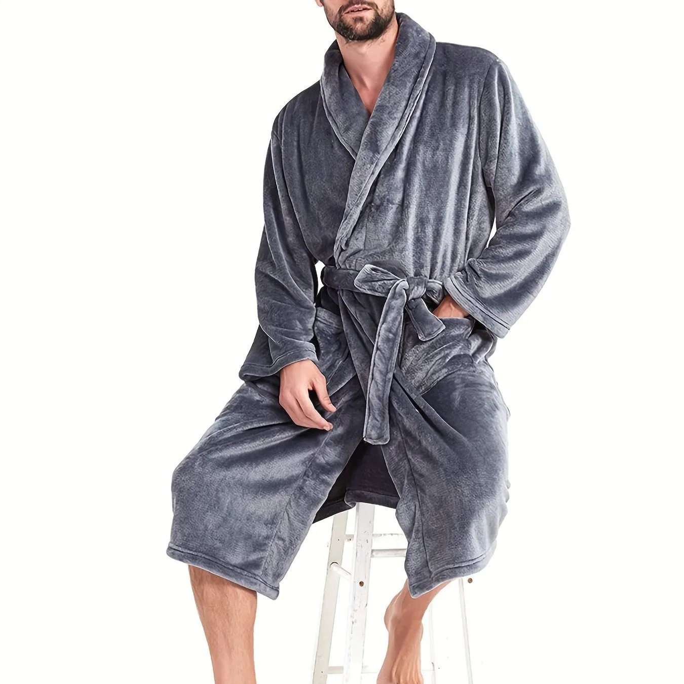 Men's Plush Flannel V-Neck Robe - All-Season Comfort, Stretch Fit, Solid Color, Sizes S-XXL