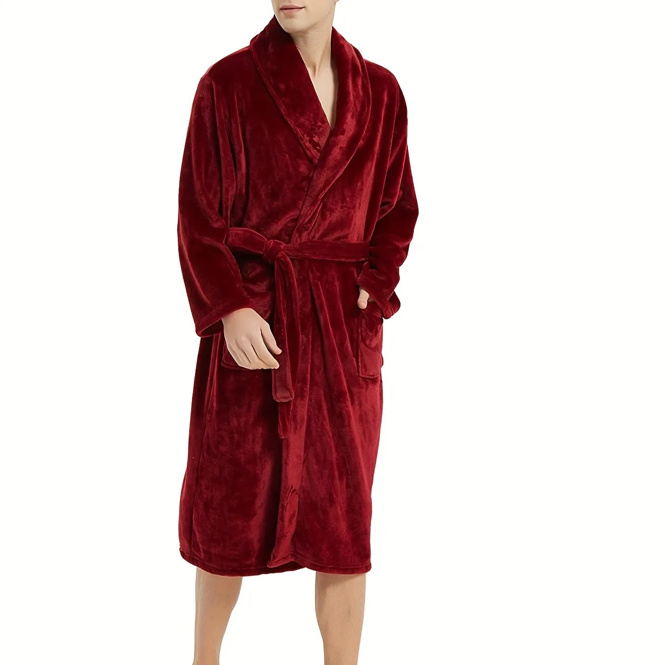 Men's Plush Flannel V-Neck Robe - All-Season Comfort, Stretch Fit, Solid Color, Sizes S-XXL