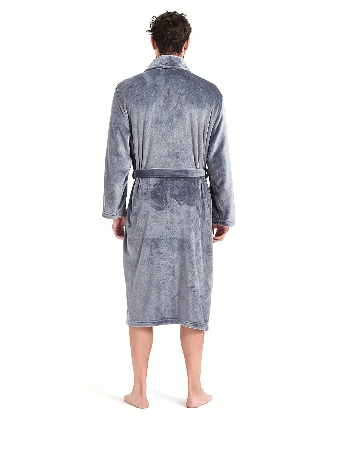 Men's Plush Flannel V-Neck Robe - All-Season Comfort, Stretch Fit, Solid Color, Sizes S-XXL