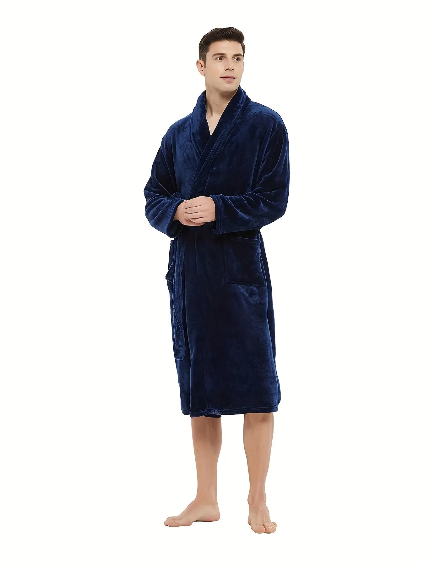 Men's Plush Flannel V-Neck Robe - All-Season Comfort, Stretch Fit, Solid Color, Sizes S-XXL