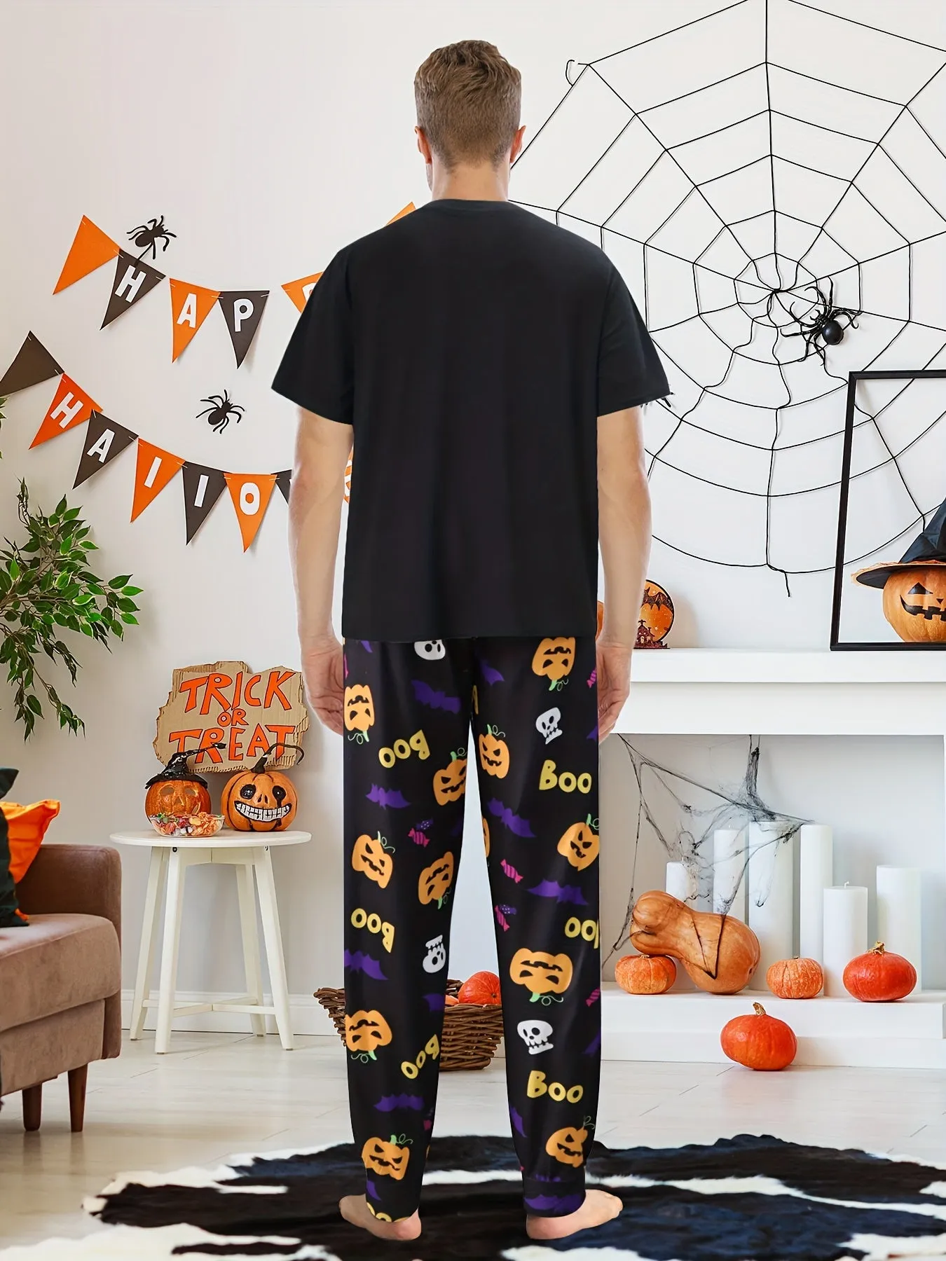 Men's Trendy Casual Halloween Pajamas Sets, Pumpkin Graphic Print Long Sleeve Crew Neck Top & Loose Pants Lounge Wear