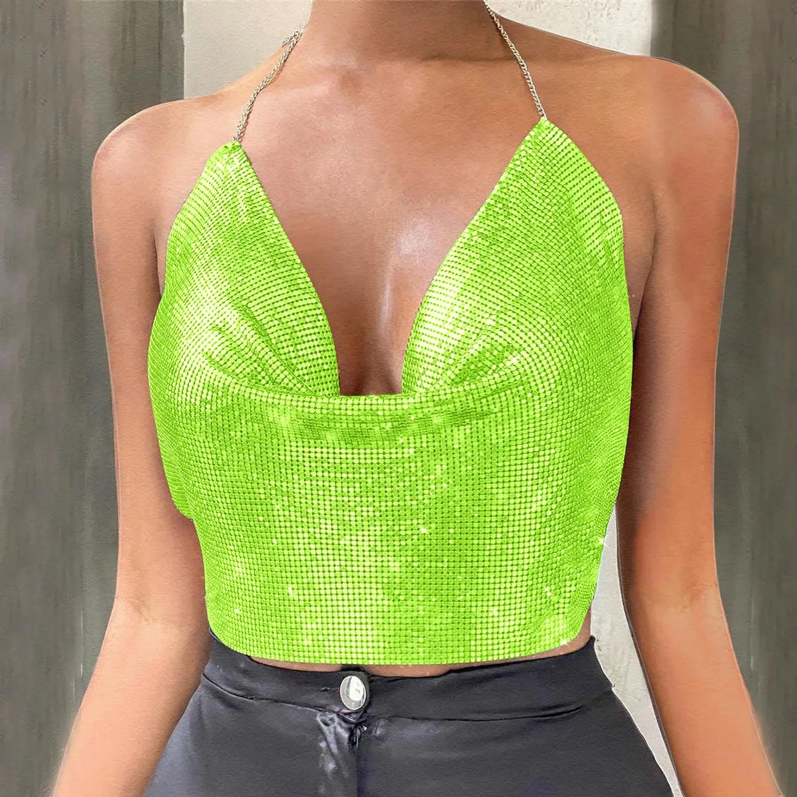 Metallic Mesh Backless Halter Party Cami Top