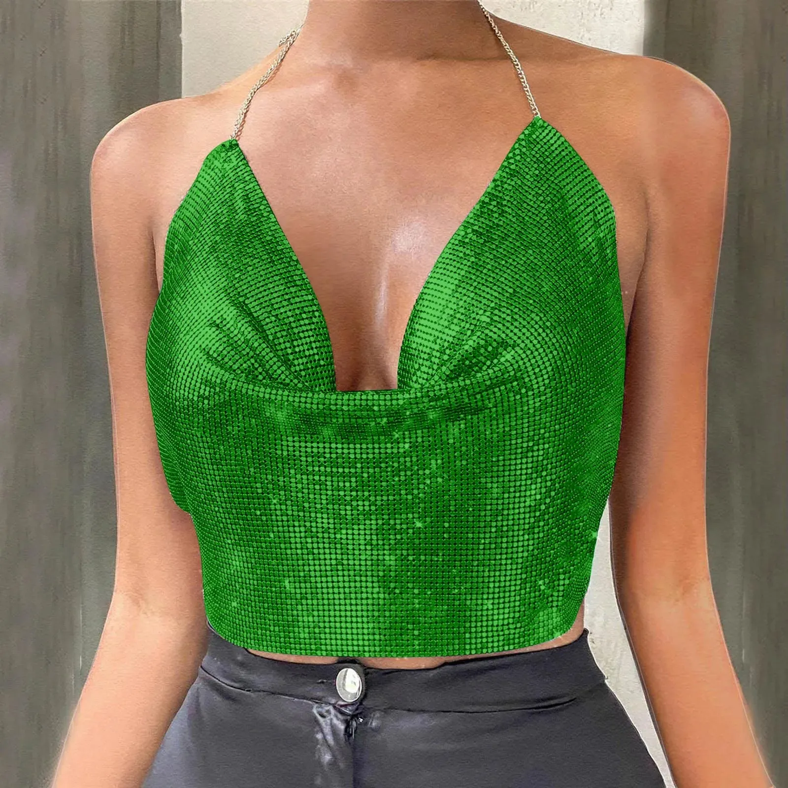 Metallic Mesh Backless Halter Party Cami Top