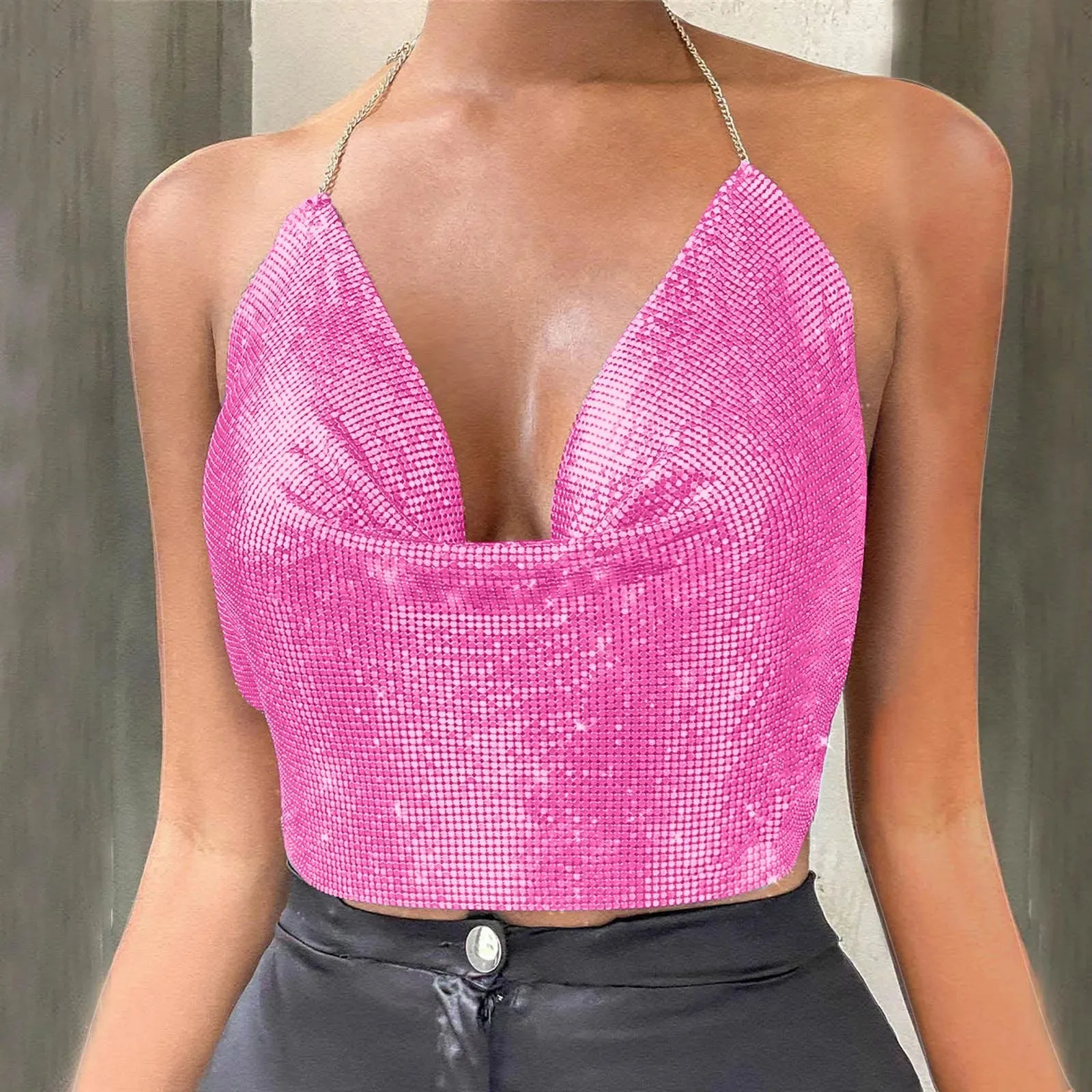 Metallic Mesh Backless Halter Party Cami Top