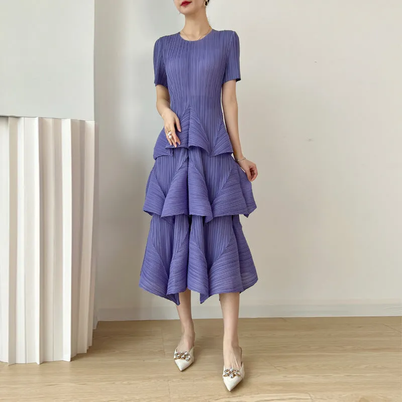 Miyake Pleated Tiered A-Line Midi Dress